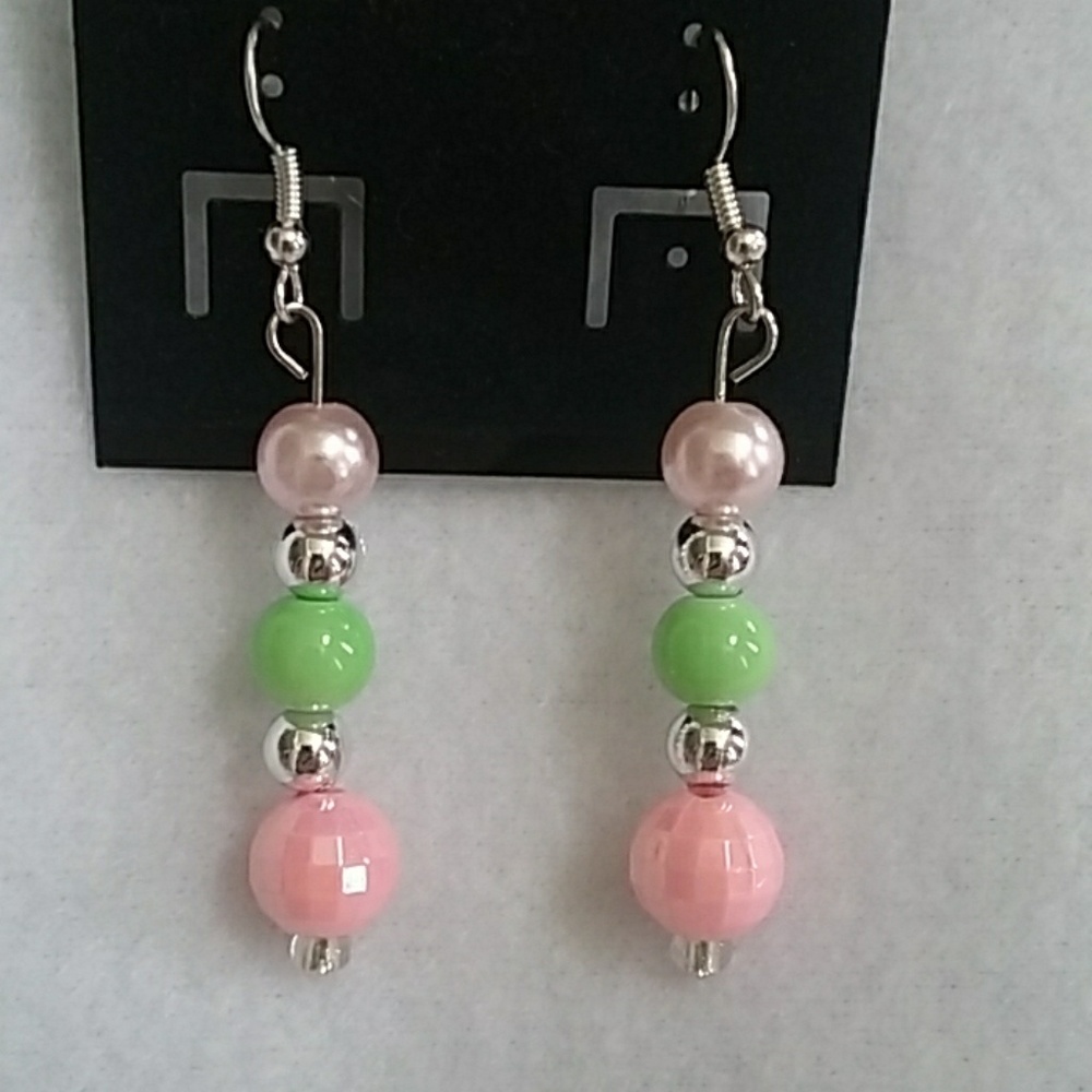 Green and pink beaded earrings